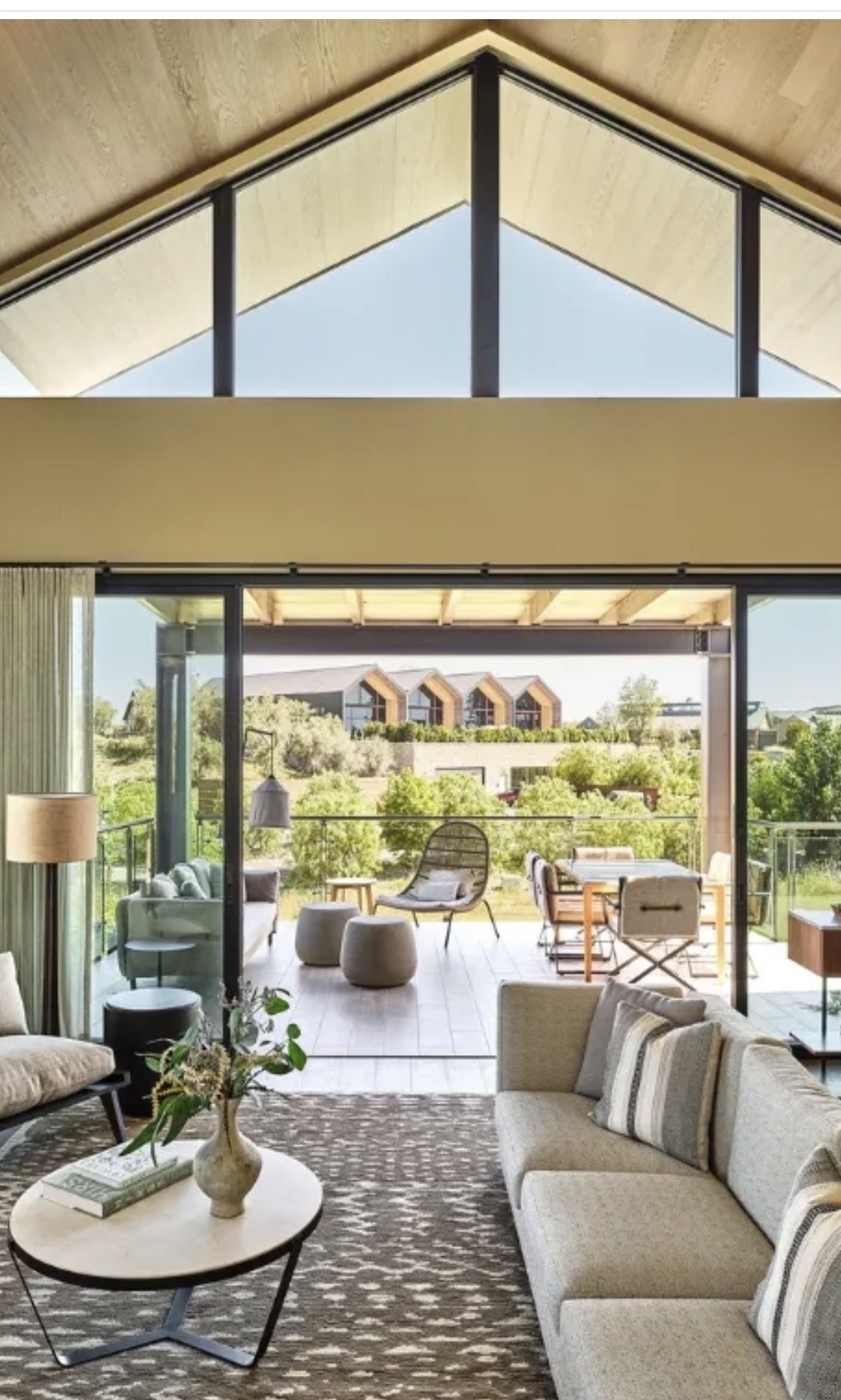 The great room opening onto the terrace at Stanly Ranch, Napa
